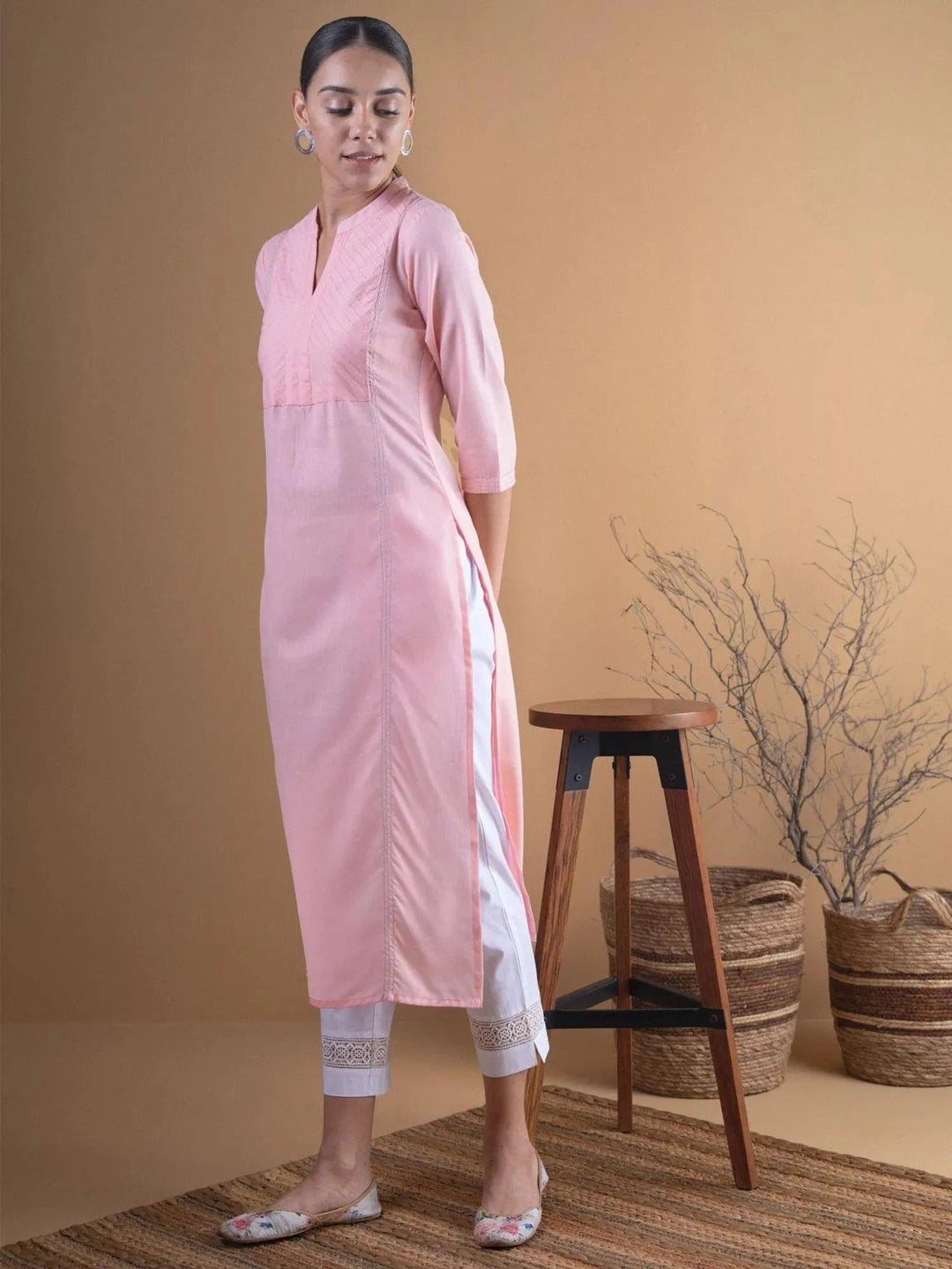 Pink Solid Cotton Kurta - Libas