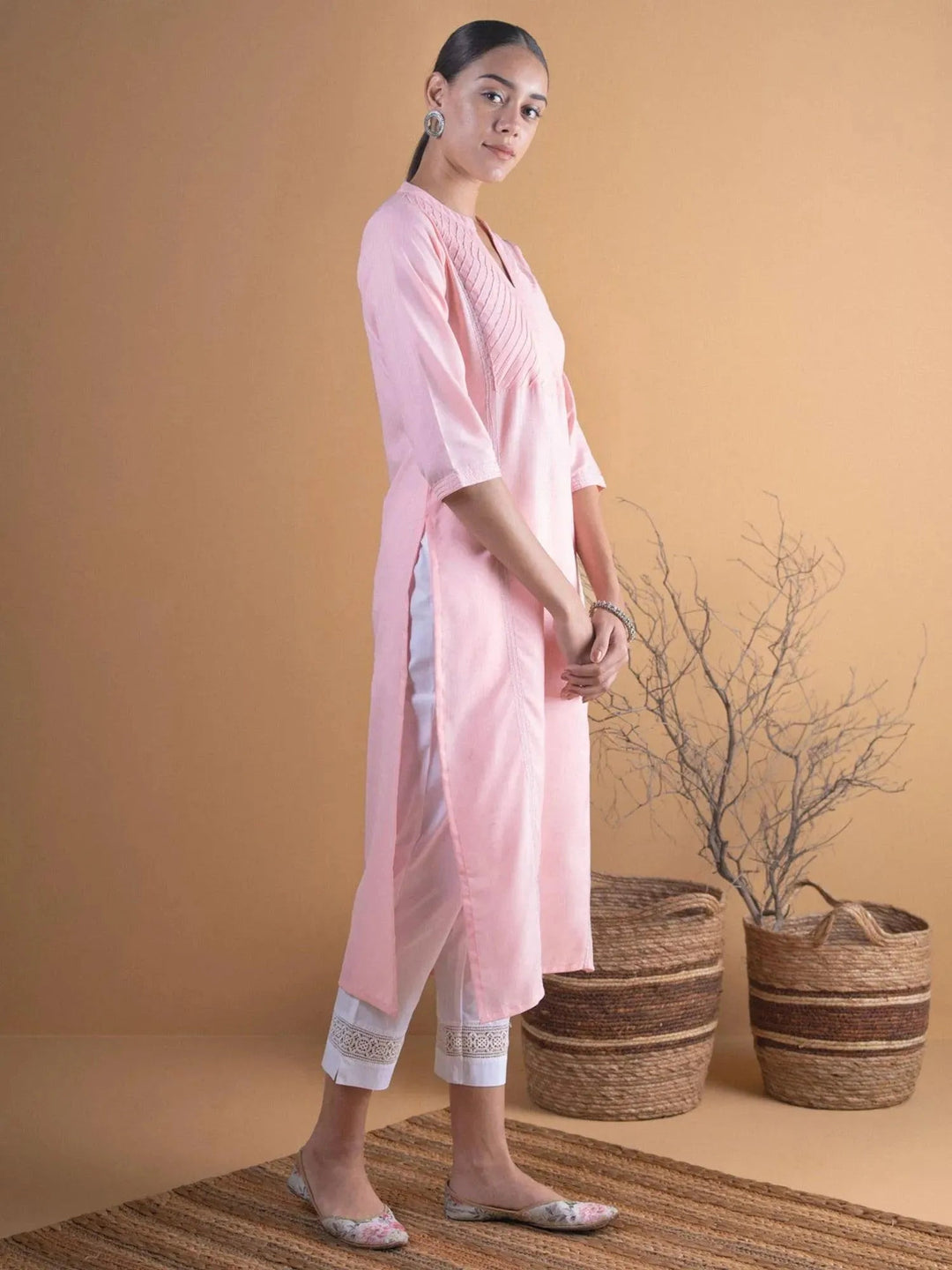 Pink Solid Cotton Kurta - Libas