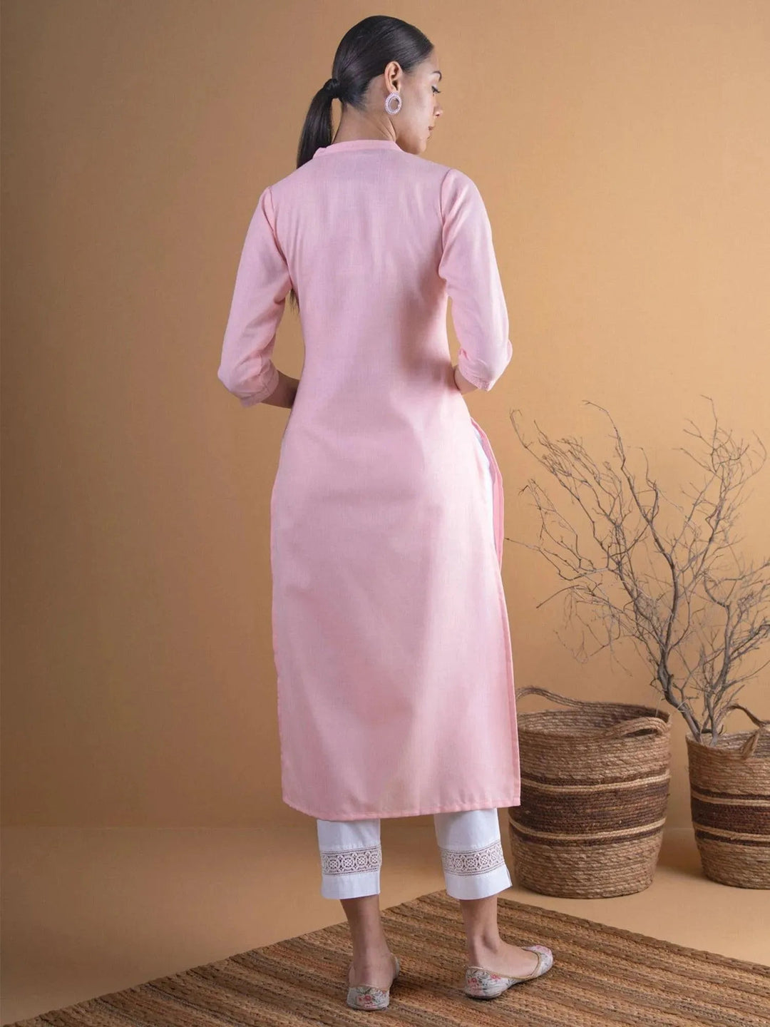 Pink Solid Cotton Kurta - Libas