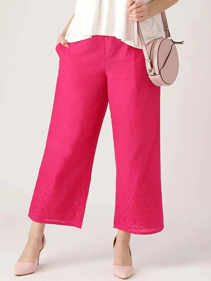 Pink Solid Cotton Palazzos - Libas