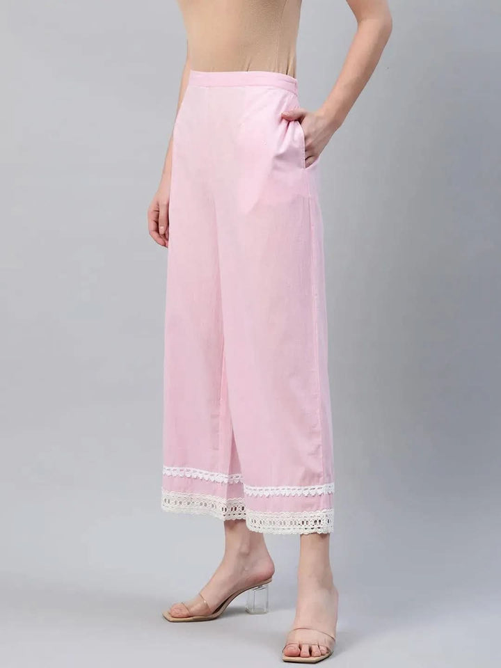 Pink Solid Cotton Palazzos - Libas