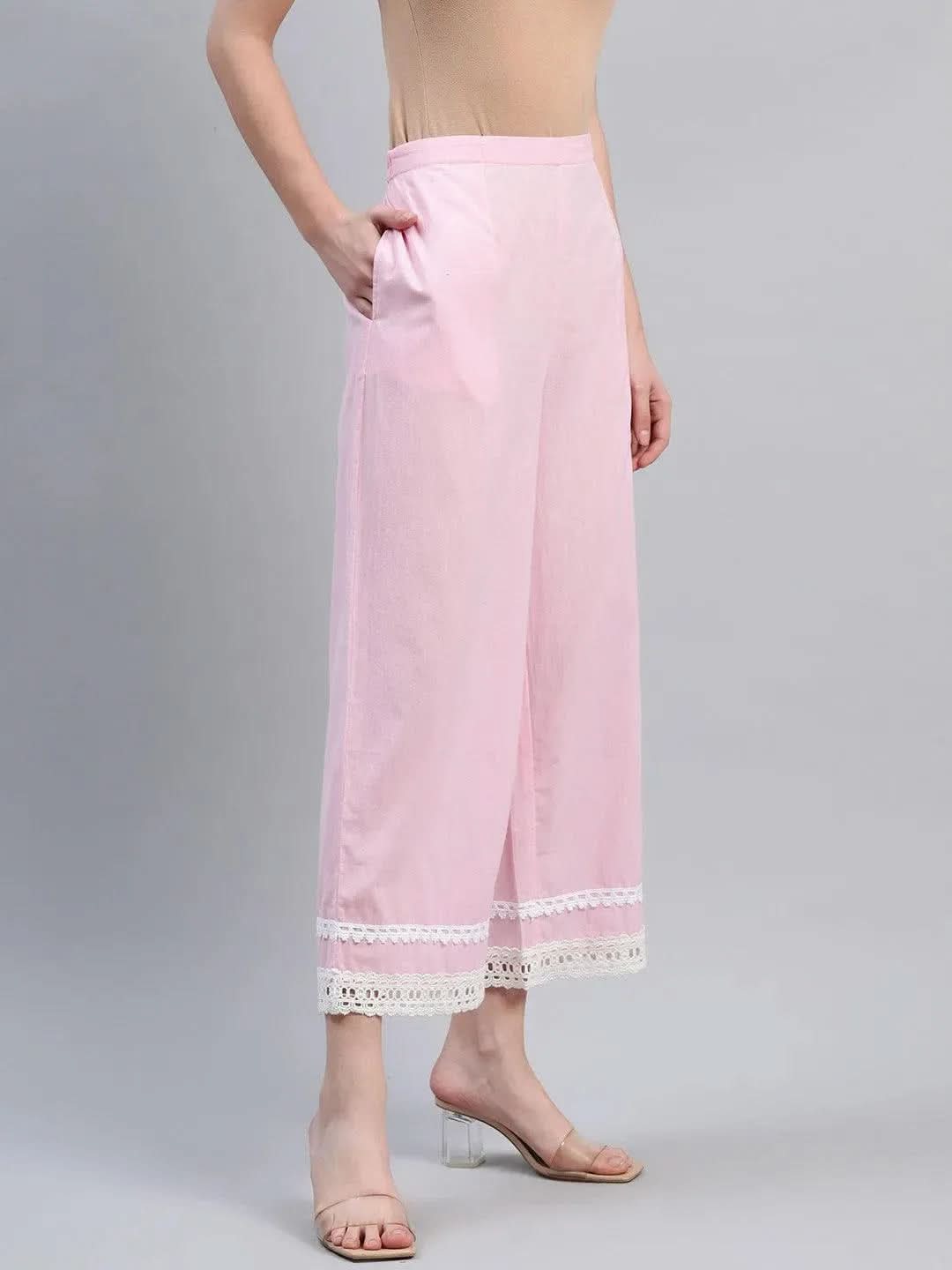 Pink Solid Cotton Palazzos - Libas