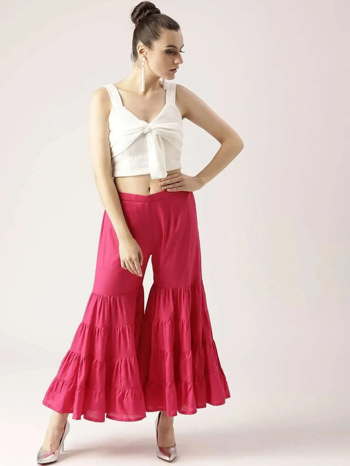 Pink Solid Cotton Palazzos - Libas