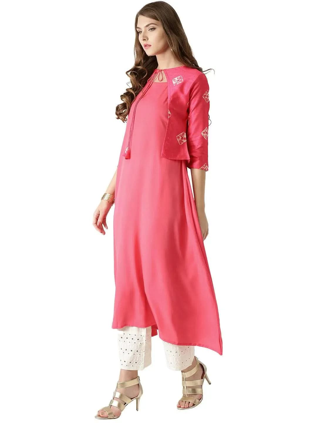 Pink Solid Crepe Kurta With Jacket - Libas