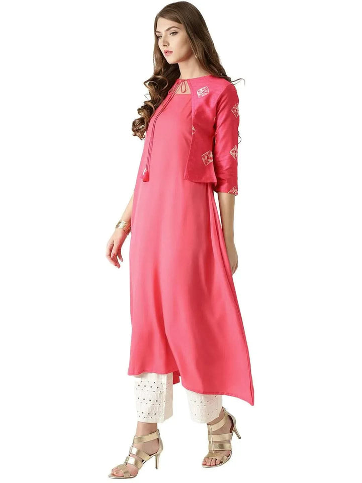 Pink Solid Crepe Kurta With Jacket - Libas