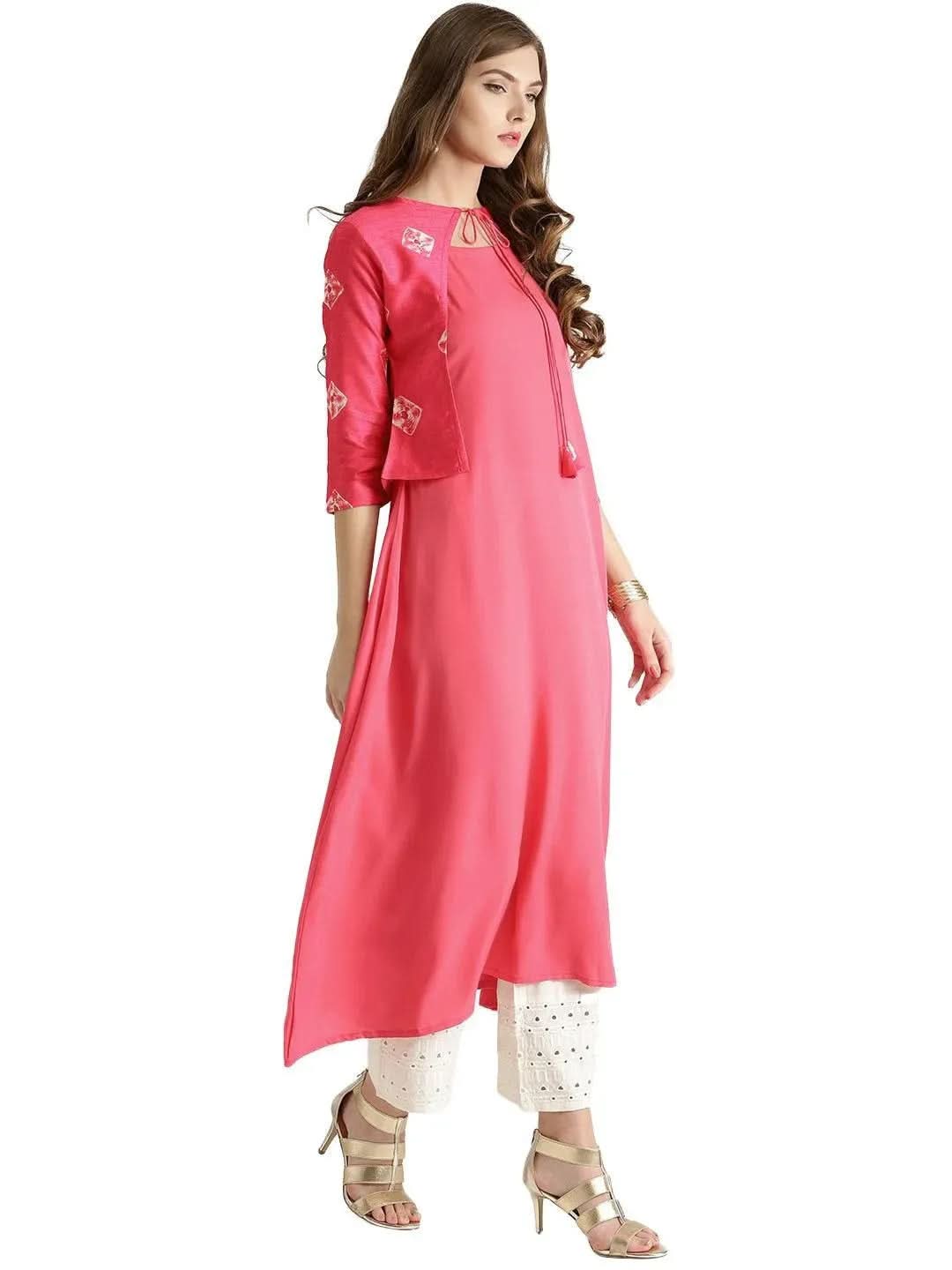 Pink Solid Crepe Kurta With Jacket - Libas