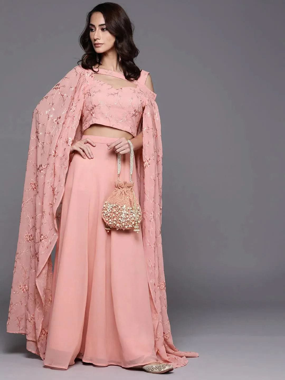 Pink Solid Georgette Lehenga Set - Libas