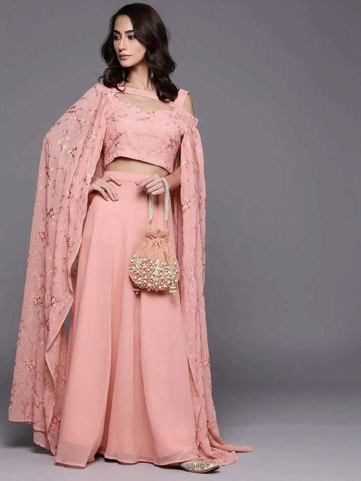 Pink Solid Georgette Lehenga Set - Libas