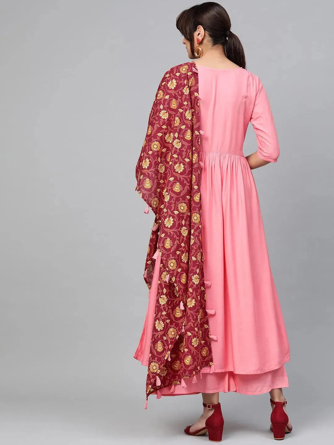 Pink Solid Rayon Anarkali Kurta With Palazzos & Dupatta
Pink Solid Rayon Anarkali Kurta With Palazzos & Dupatta