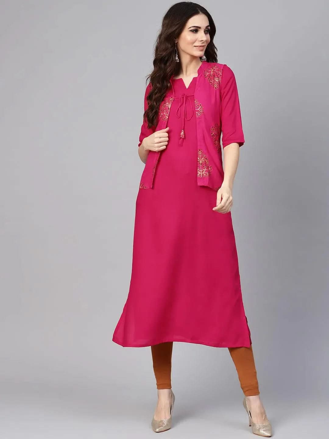 Pink Solid Rayon Kurta With Jacket - Libas