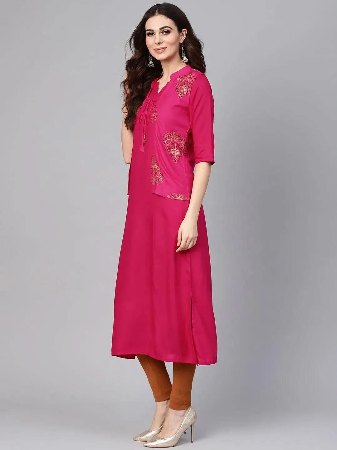 Pink Solid Rayon Kurta With Jacket - Libas