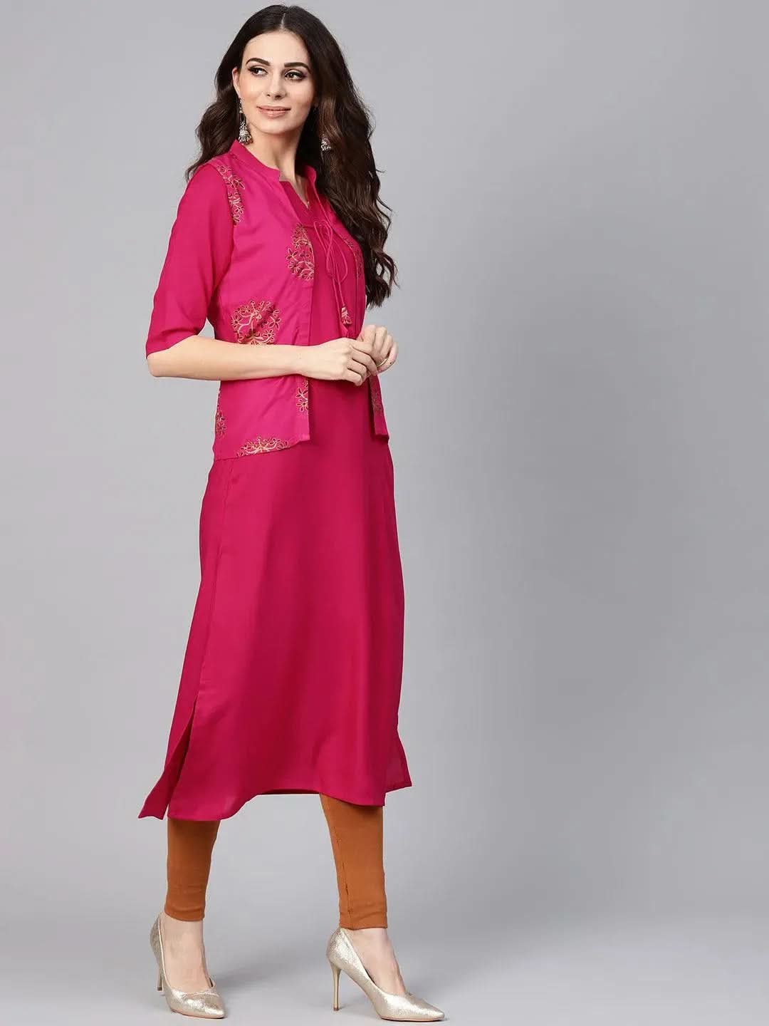 Pink Solid Rayon Kurta With Jacket - Libas