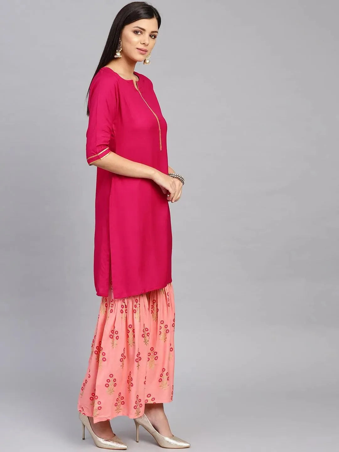 Pink Solid Rayon Straight Kurta With Sharara & Dupatta
Pink Solid Rayon Straight Kurta With Sharara & Dupatta