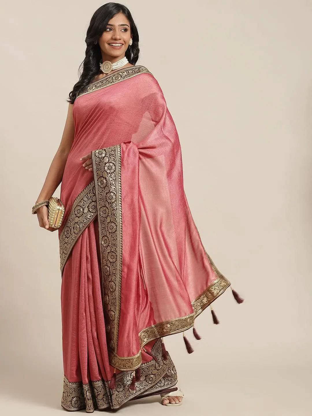 Pink Solid Silk Blend Saree - Libas