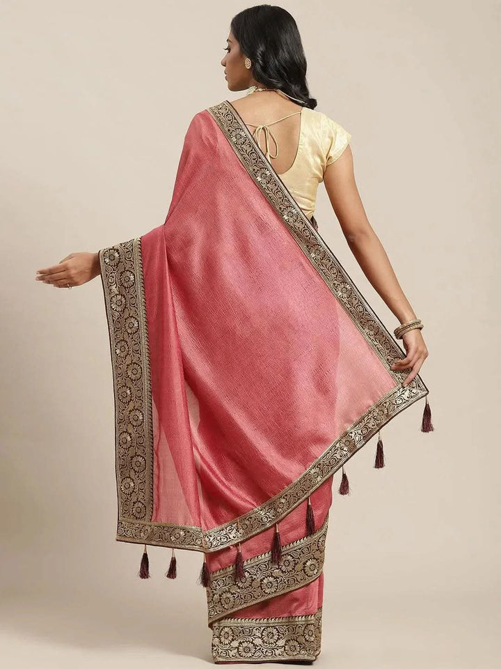 Pink Solid Silk Blend Saree - Libas