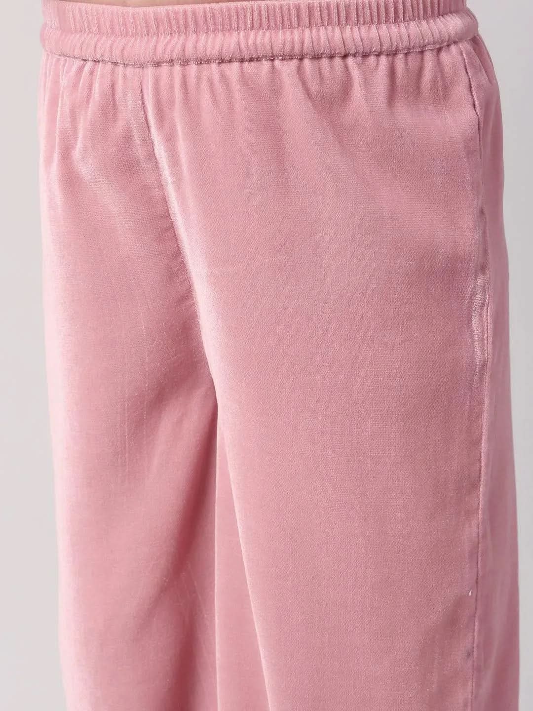 Pink Solid Velvet Suit Set - Libas