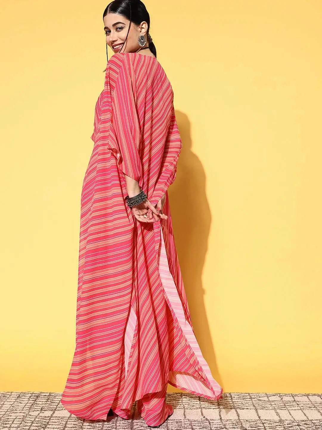 Pink Striped Georgette Top With Palazzos & Shrug 
Pink Striped Georgette Top With Palazzos & Shrug
