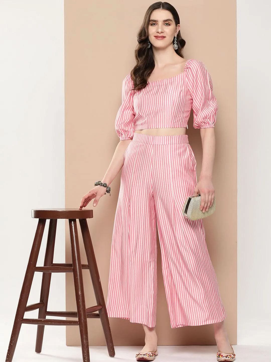 Pink Striped Polyester Top With Palazzos - Libas