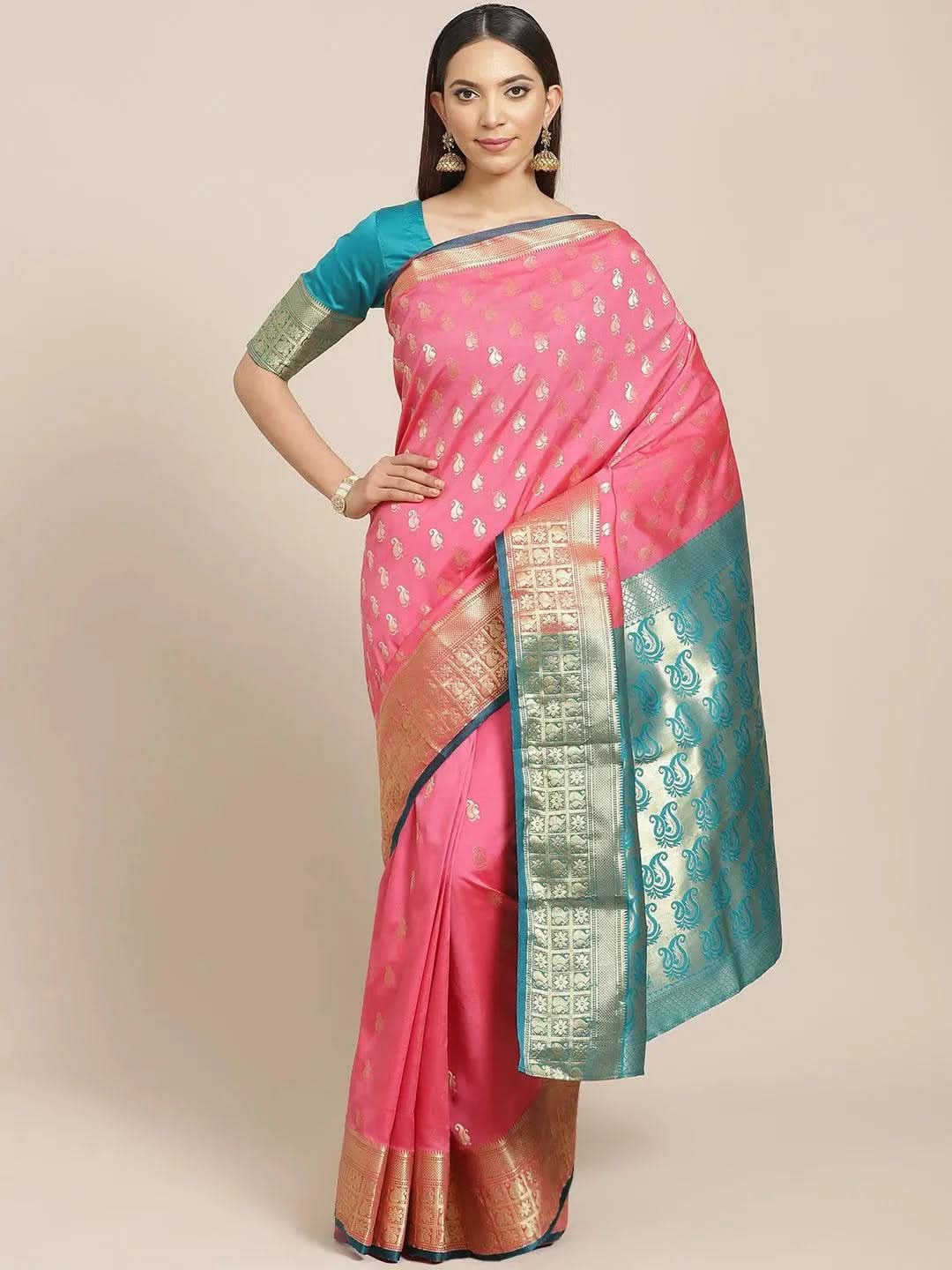 Pink Woven Design Brocade Saree - Libas