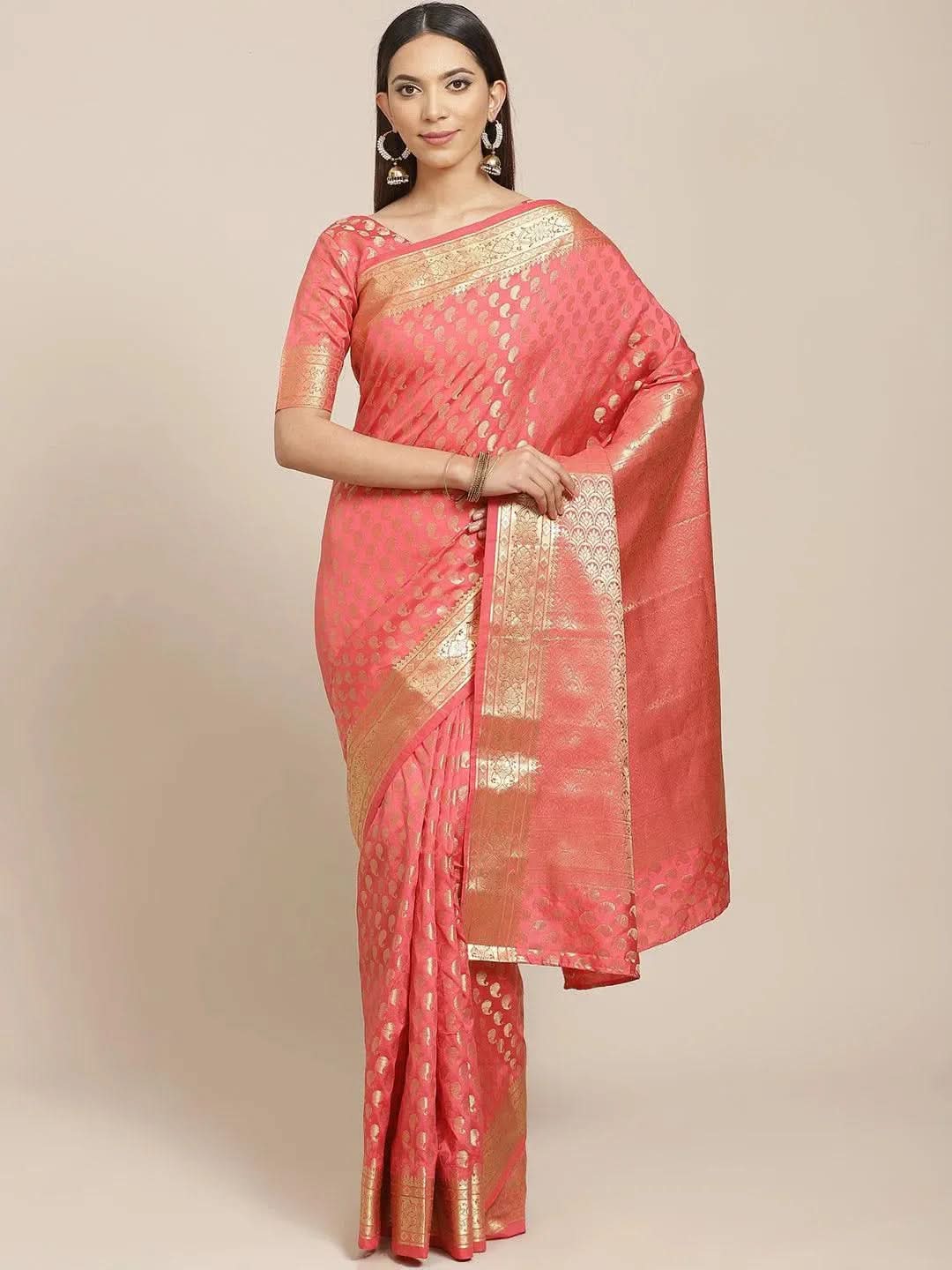 Women's Silk Blend Pink Woven Design Woven saree With Blouse Piece