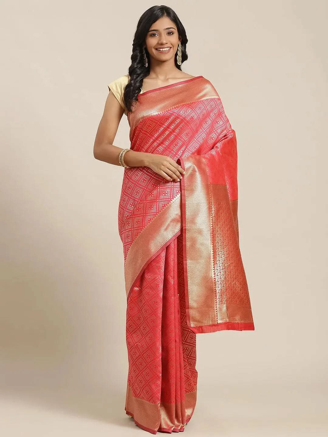Pink Woven Design Brocade Saree - Libas