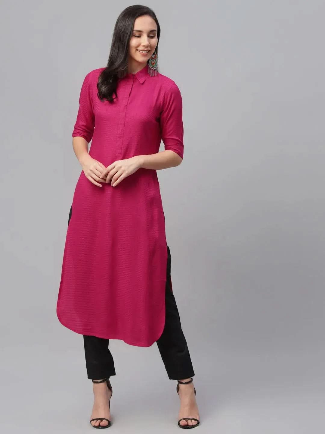 Pink Woven Design Rayon Kurta - Libas