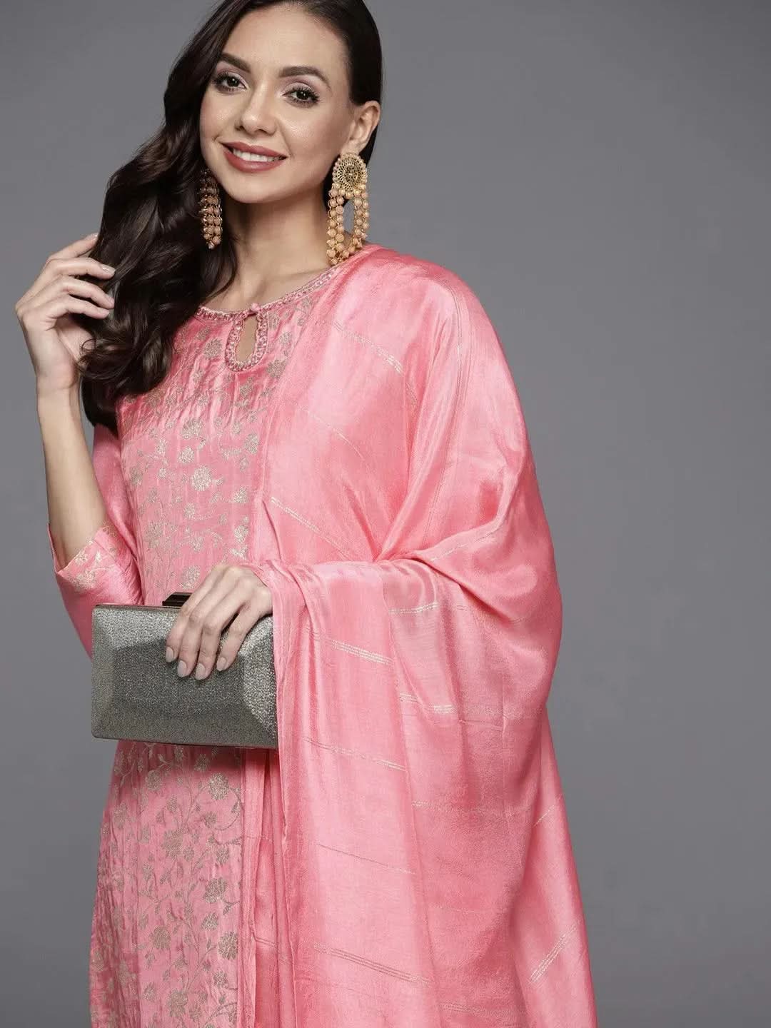 Pink Woven Design Silk Blend Straight Kurta With Palazzos & Dupatta
Pink Woven Design Silk Blend Straight Kurta With Palazzos & Dupatta