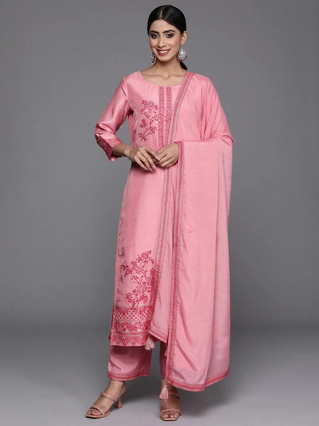 Pink Embroidered Silk Blend Straight Kurta With Trousers and Dupatta