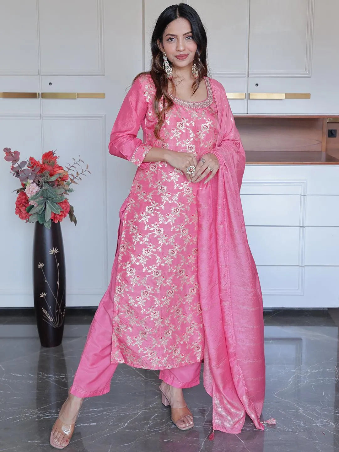 Buy Pink Woven Design Silk Blend Straight Suit With Dupatta Online