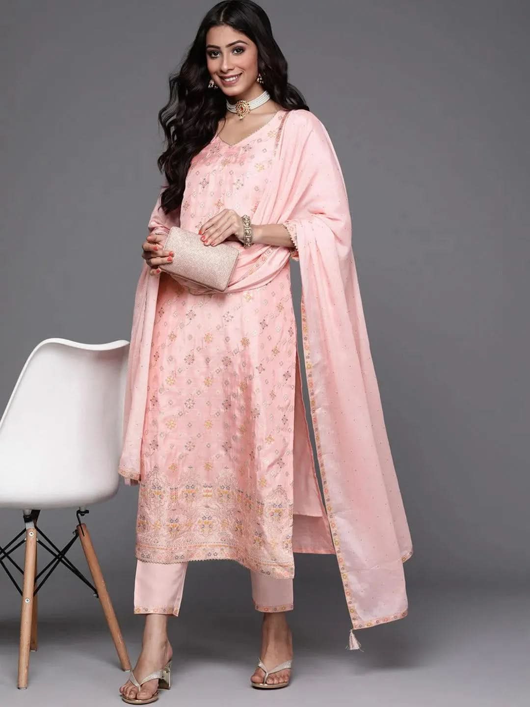 Pink Woven Design Silk Suit Set - Libas
