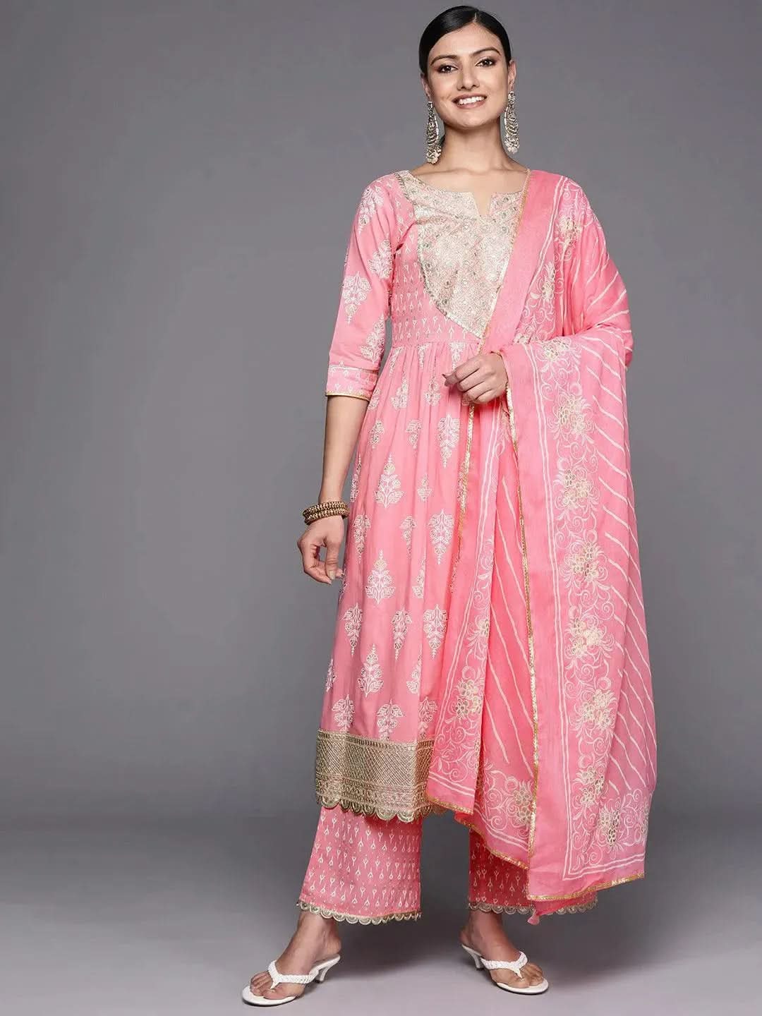 Pink Yoke Design Cotton Anarkali Suit Set With Palazzos - Libas