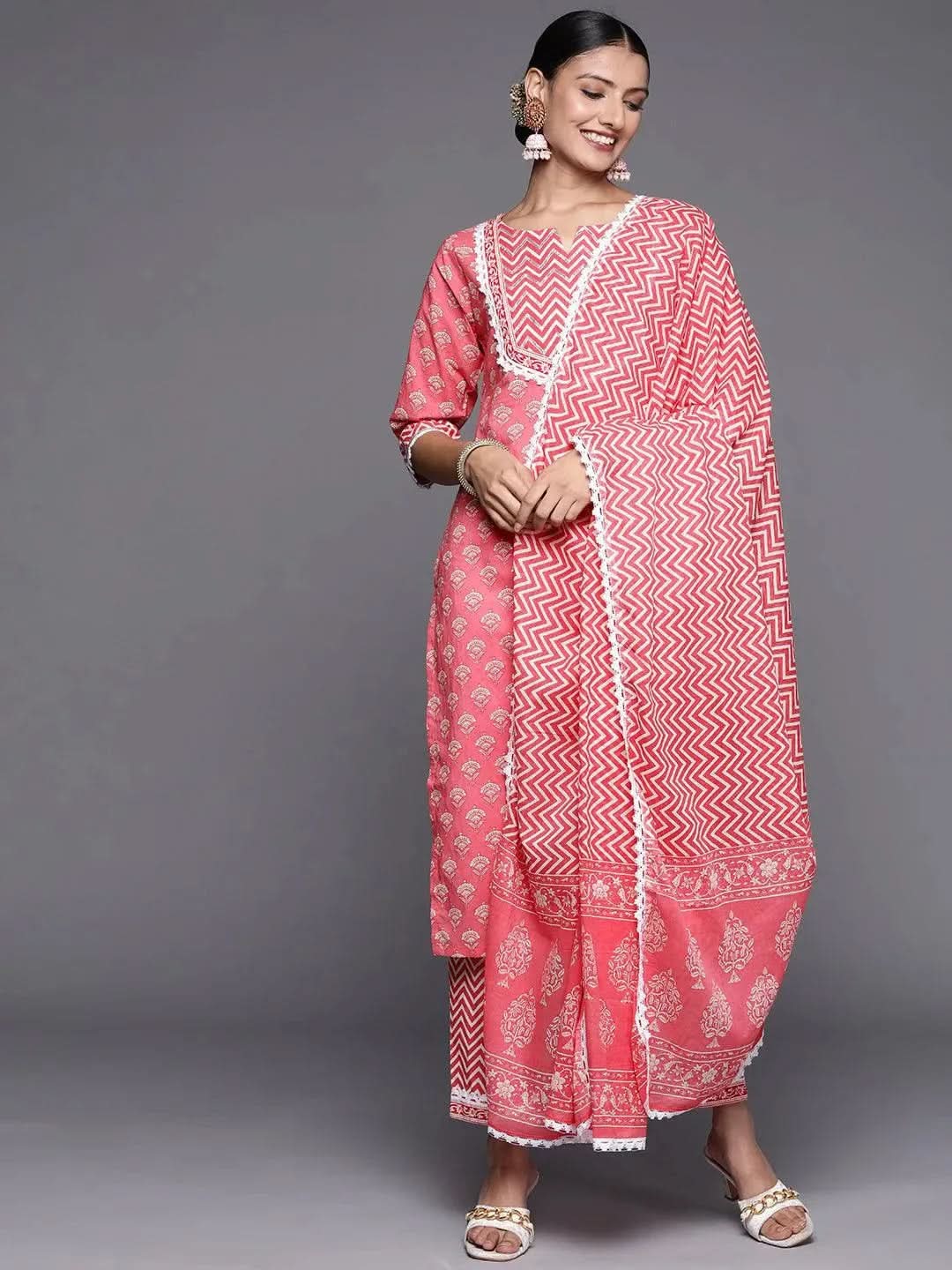 Pink Yoke Design Cotton Straight Suit Set - Libas