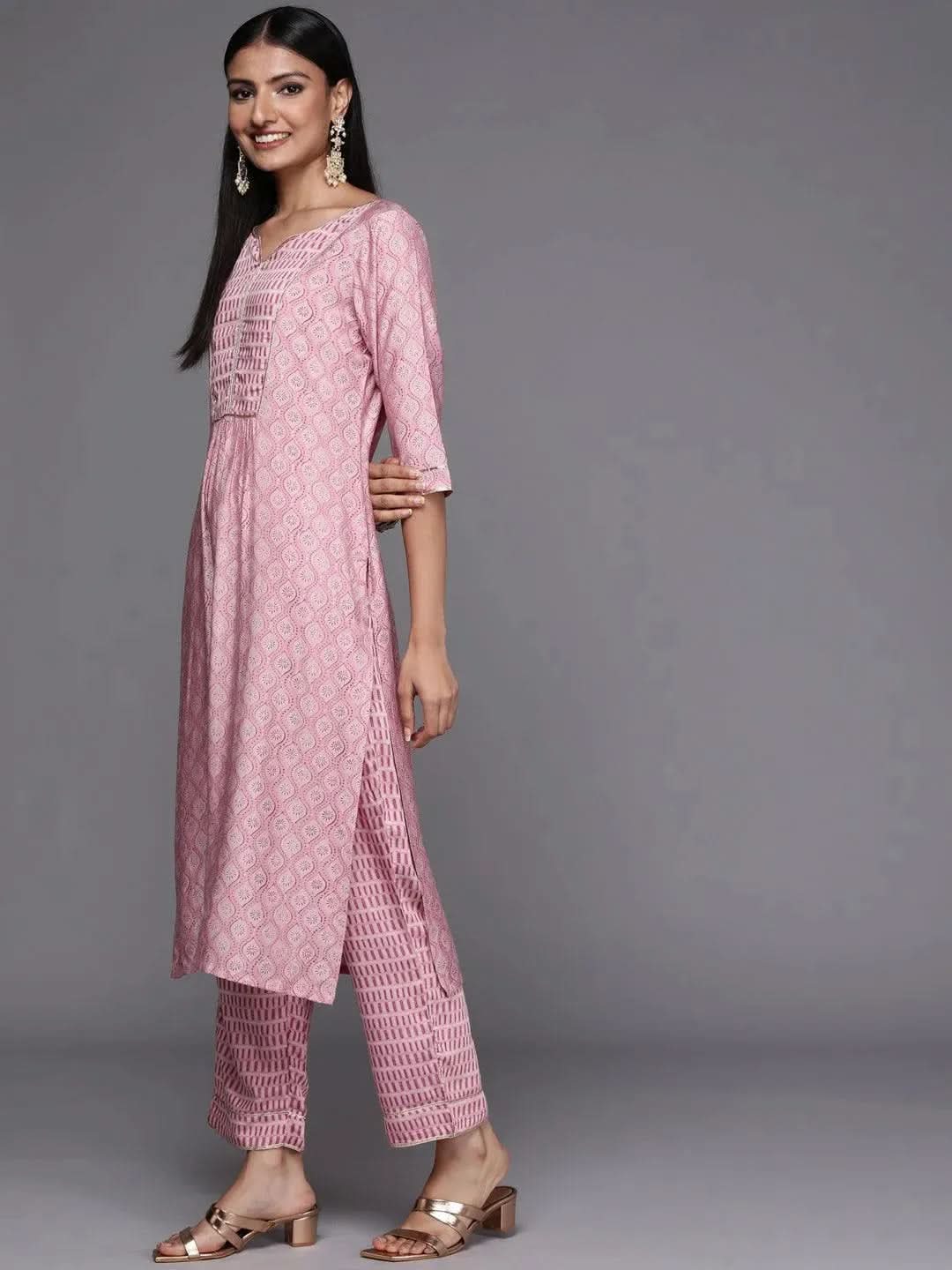 Pink Yoke Design Silk Blend Straight Suit Set - Libas