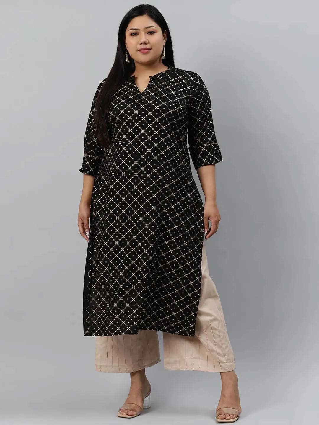 Plus Size Black Checkered Rayon Kurta - Libas