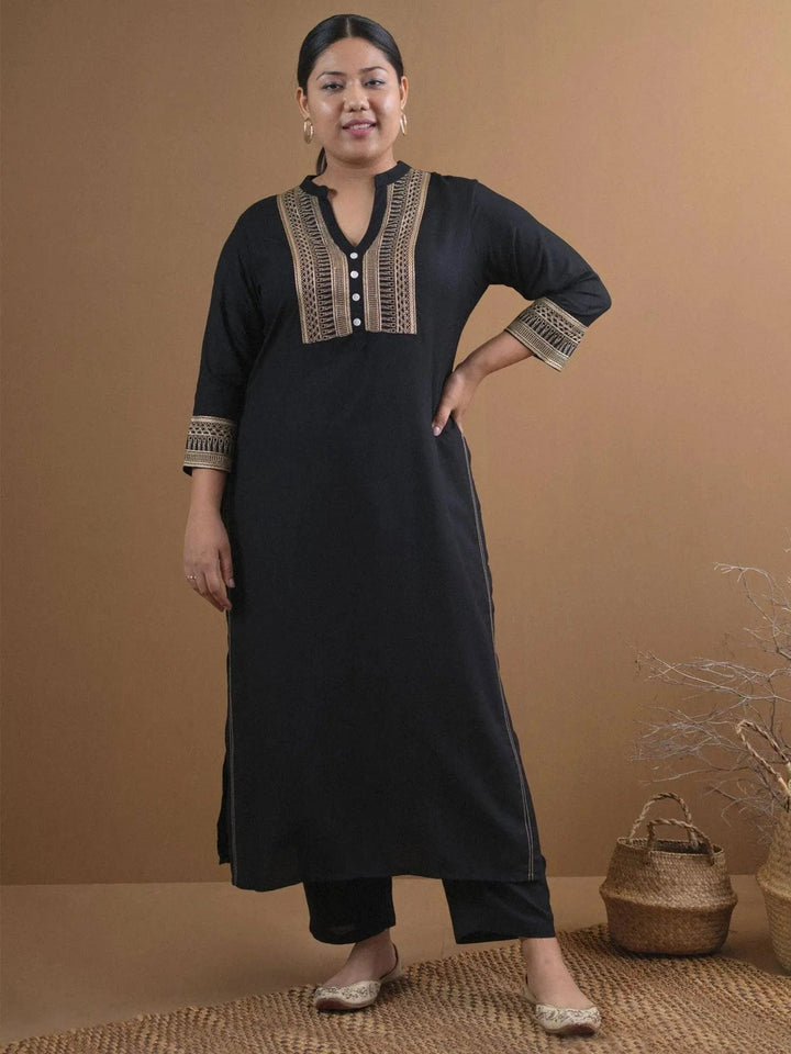 Plus Size Black Embroidered Rayon Kurta - Libas