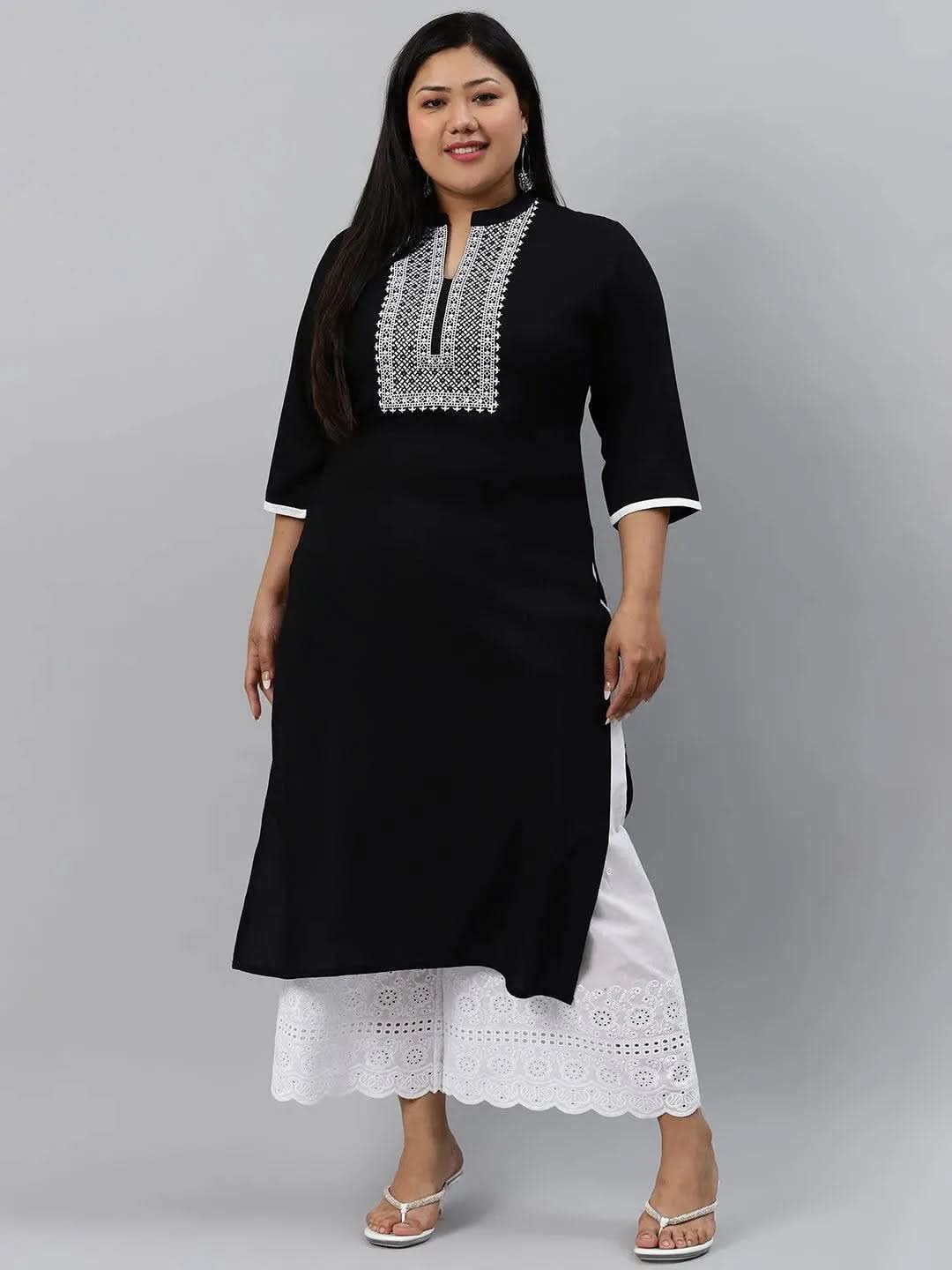 Plus Size Black Embroidered Rayon Kurta - Libas