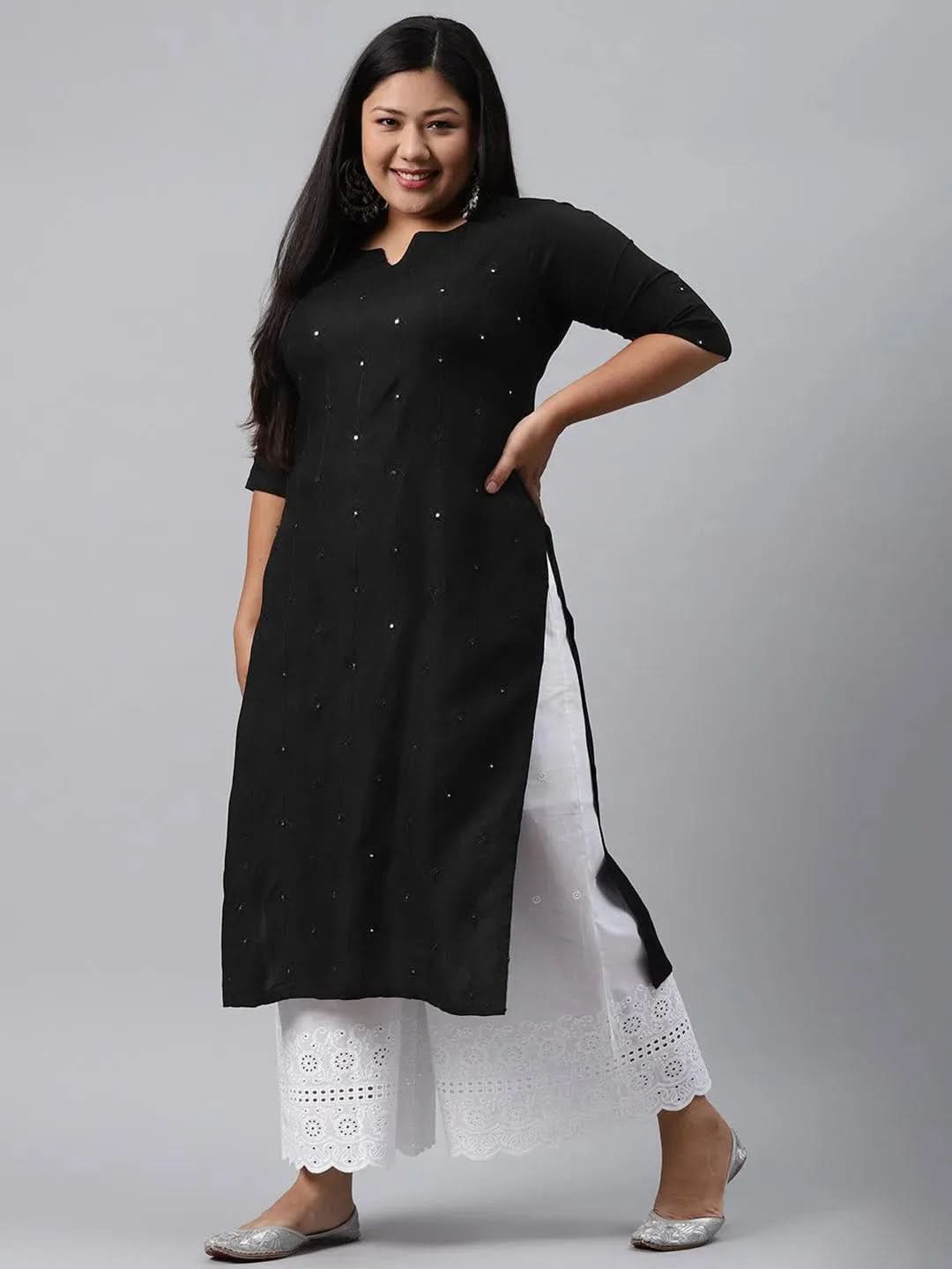 Plus Size Black Embroidered Rayon Kurta - Libas