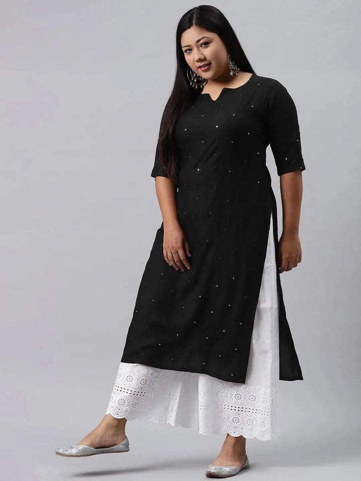 Plus Size Black Embroidered Rayon Kurta - Libas