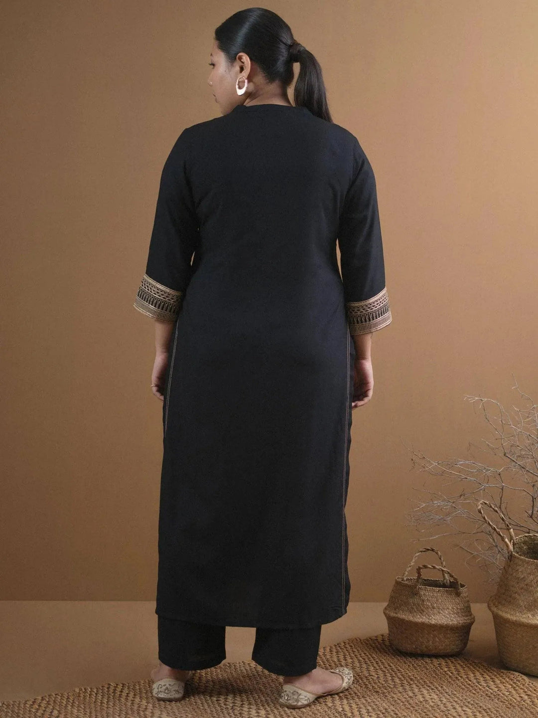 Plus Size Black Embroidered Rayon Kurta - Libas