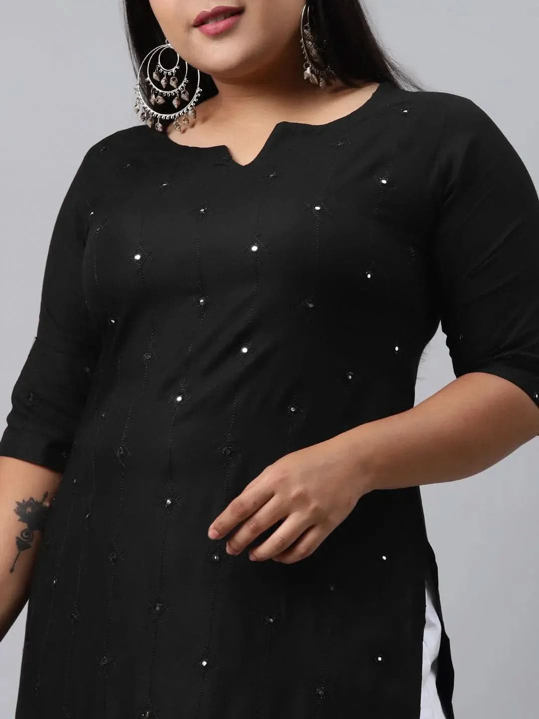 Plus Size Black Embroidered Rayon Kurta - Libas