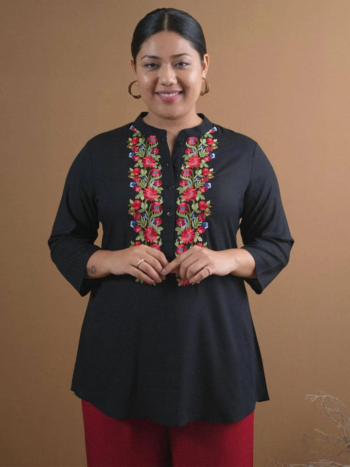 Plus Size Black Embroidered Rayon Kurti - Libas