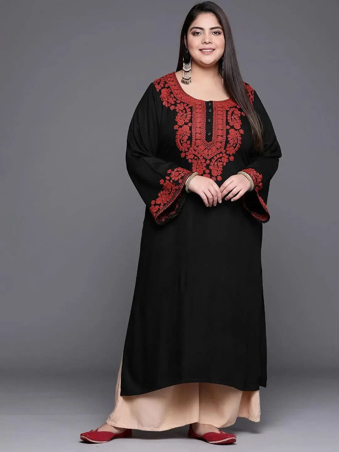 Plus Size Black Embroidered Wool Kurta - Libas