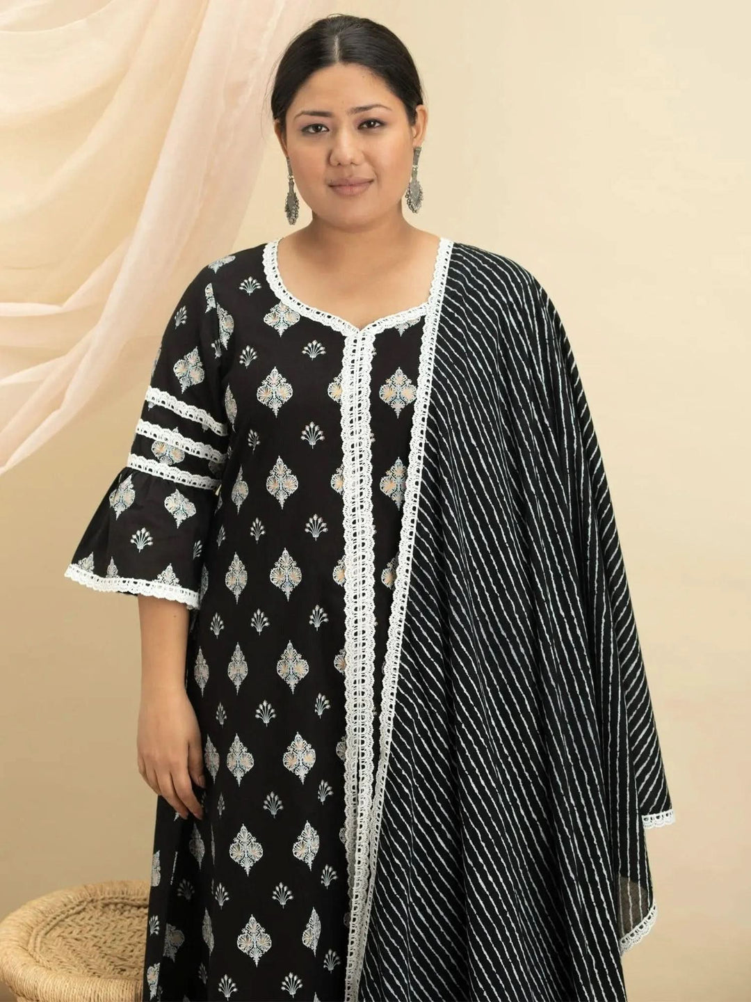 Plus Size Black Printed Cotton Suit Set - Libas