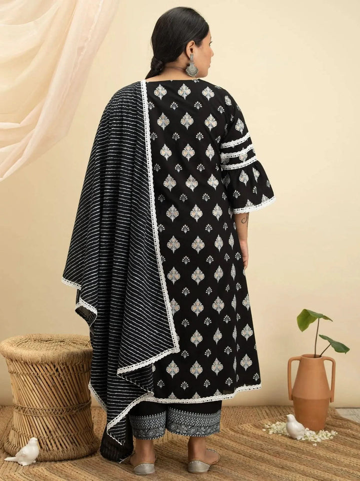 Plus Size Black Printed Cotton Suit Set - Libas