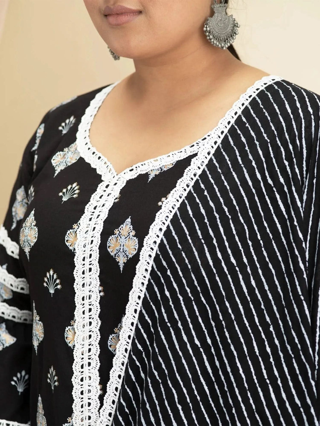 Plus Size Black Printed Cotton Suit Set - Libas