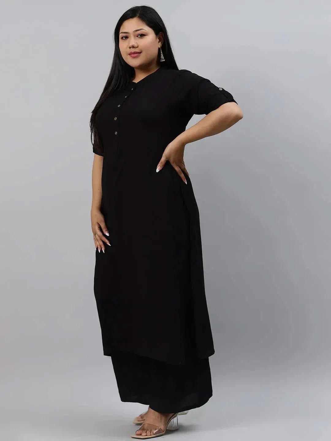 Plus Size Black Solid Rayon Kurta - Libas