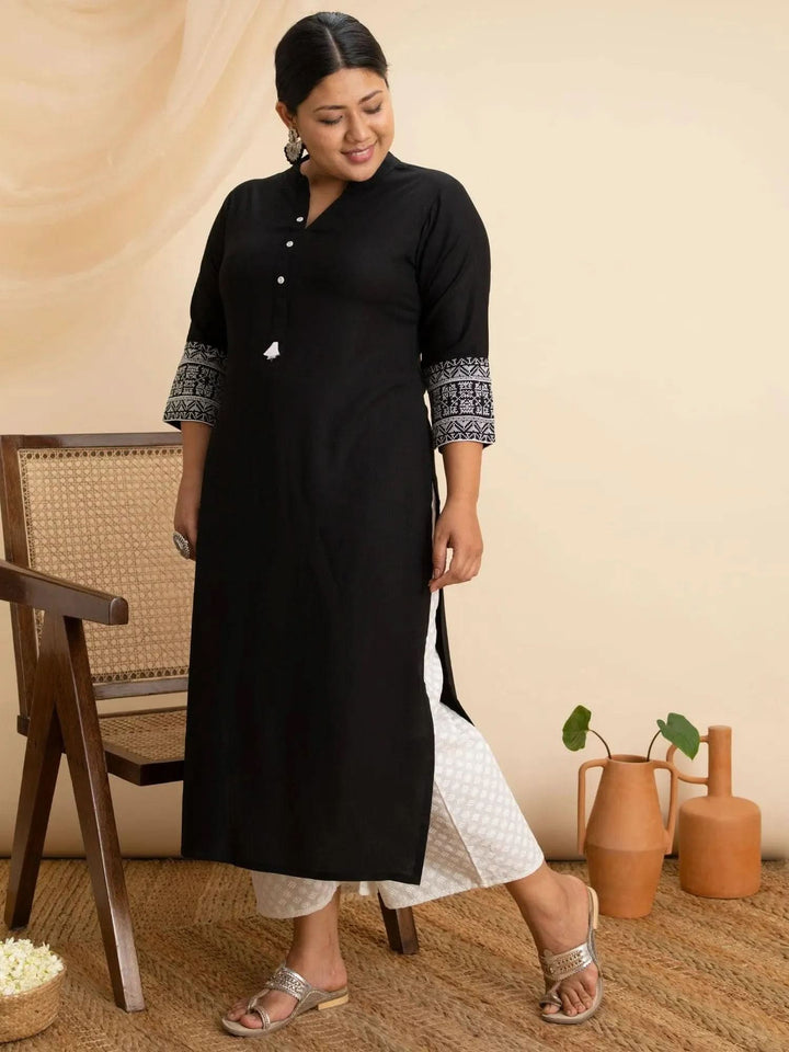 Plus Size Black Solid Rayon Kurta - Libas