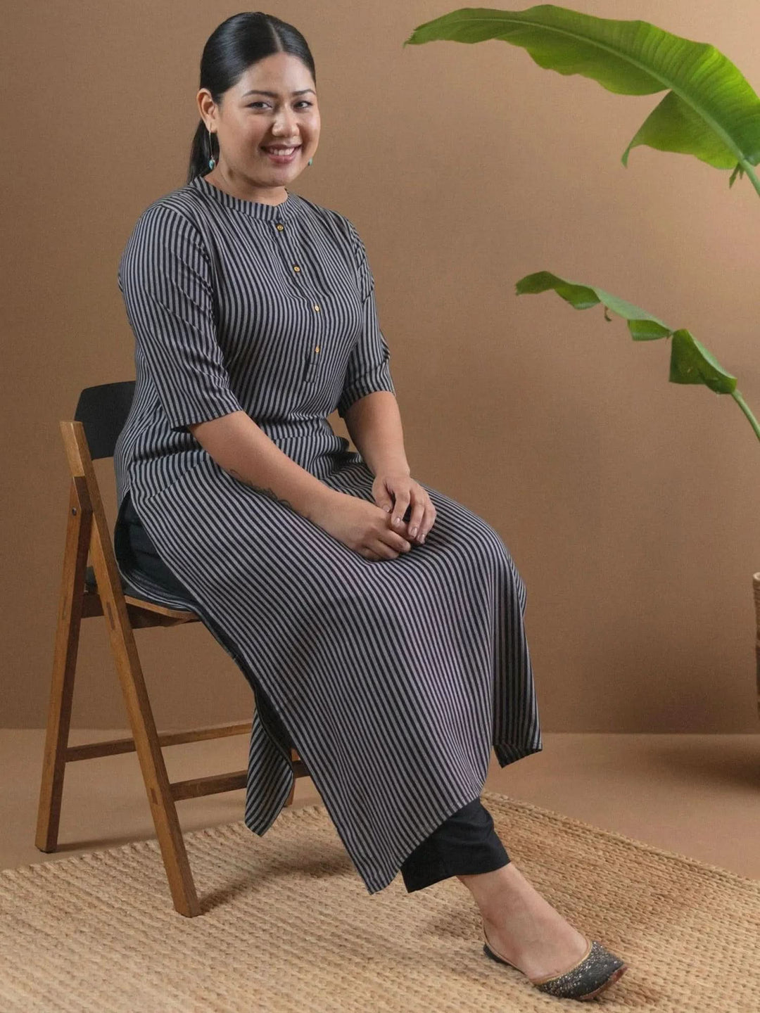 Plus Size Black Striped Rayon Kurta - Libas