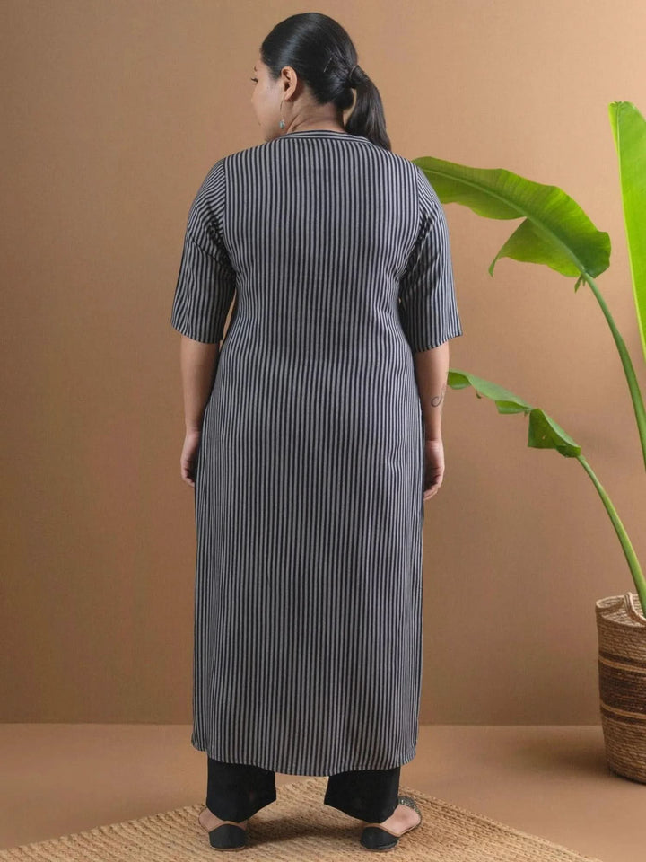 Plus Size Black Striped Rayon Kurta - Libas