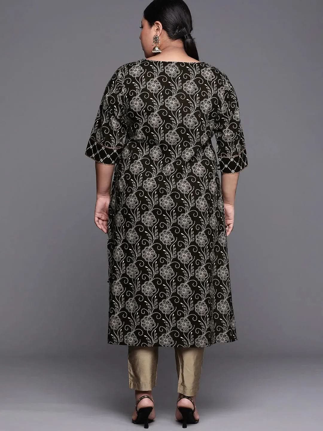 Plus Size Black Yoke Design Cotton Kurta - Libas